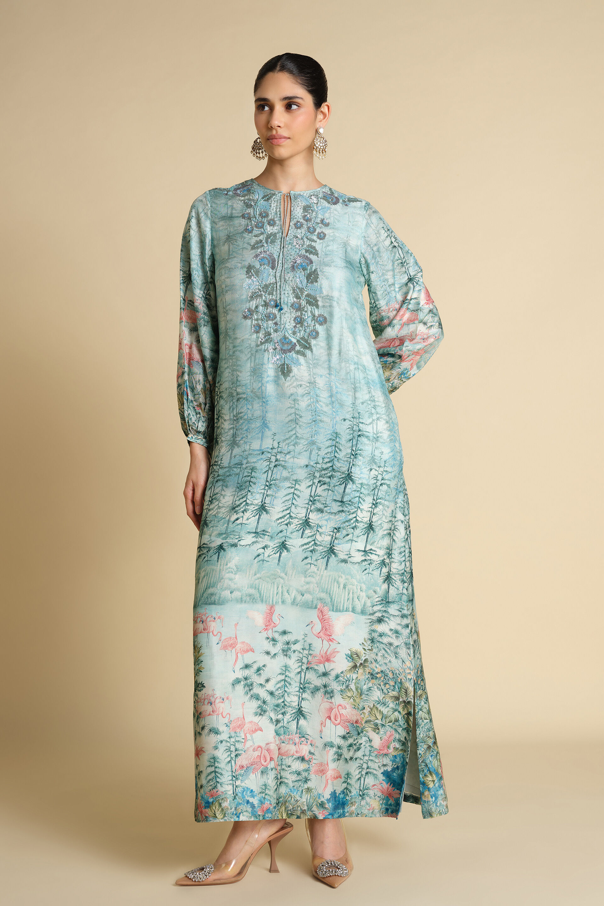 Nabha Printed Silk Kaftan - Powder Blue, Powder Blue, image 1